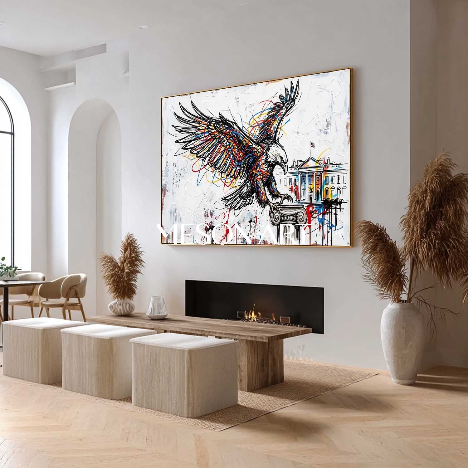 Modern Pop Art Bald Eagle & White House Textured Canvas Painting Abstract Line Art Eagle Graffiti Style Animal Art