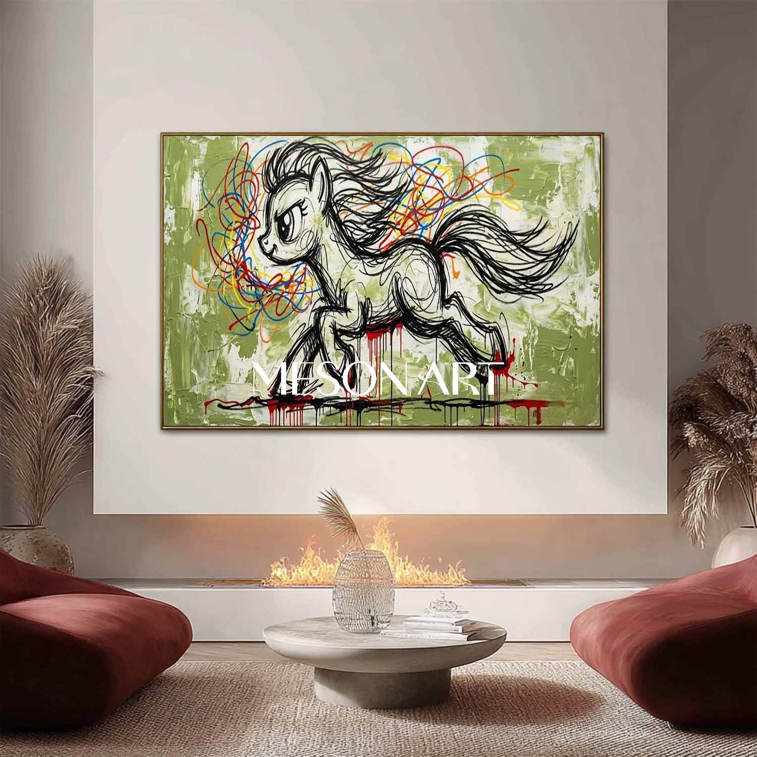 Abstract Graffiti Pony Wall Art Green Plaster Textured 3D Canvas Painting for Modern Decor