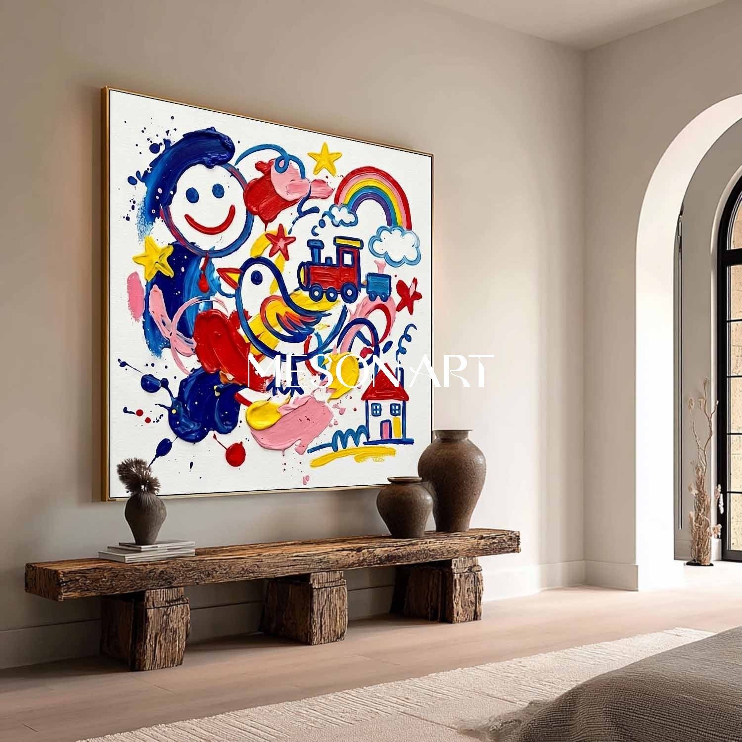 Original Kids Pop Art Wall Decor Colorful Rainbow Canvas Painting Contemporary Happy Artwork