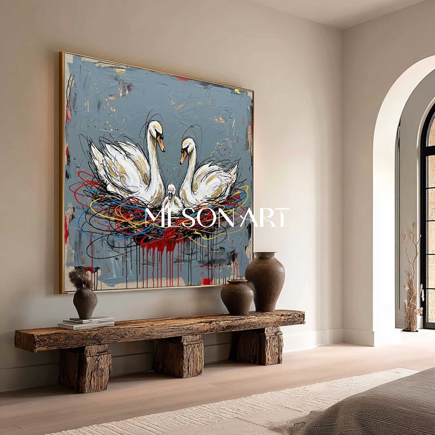 White Swan Family In Colorful Nest Contemporary Expressionist Large Artwork, Symbolic Painting Of Family Unity, Modern Textured Canvas, Statement Piece For Entryway, Oversized Framed Art