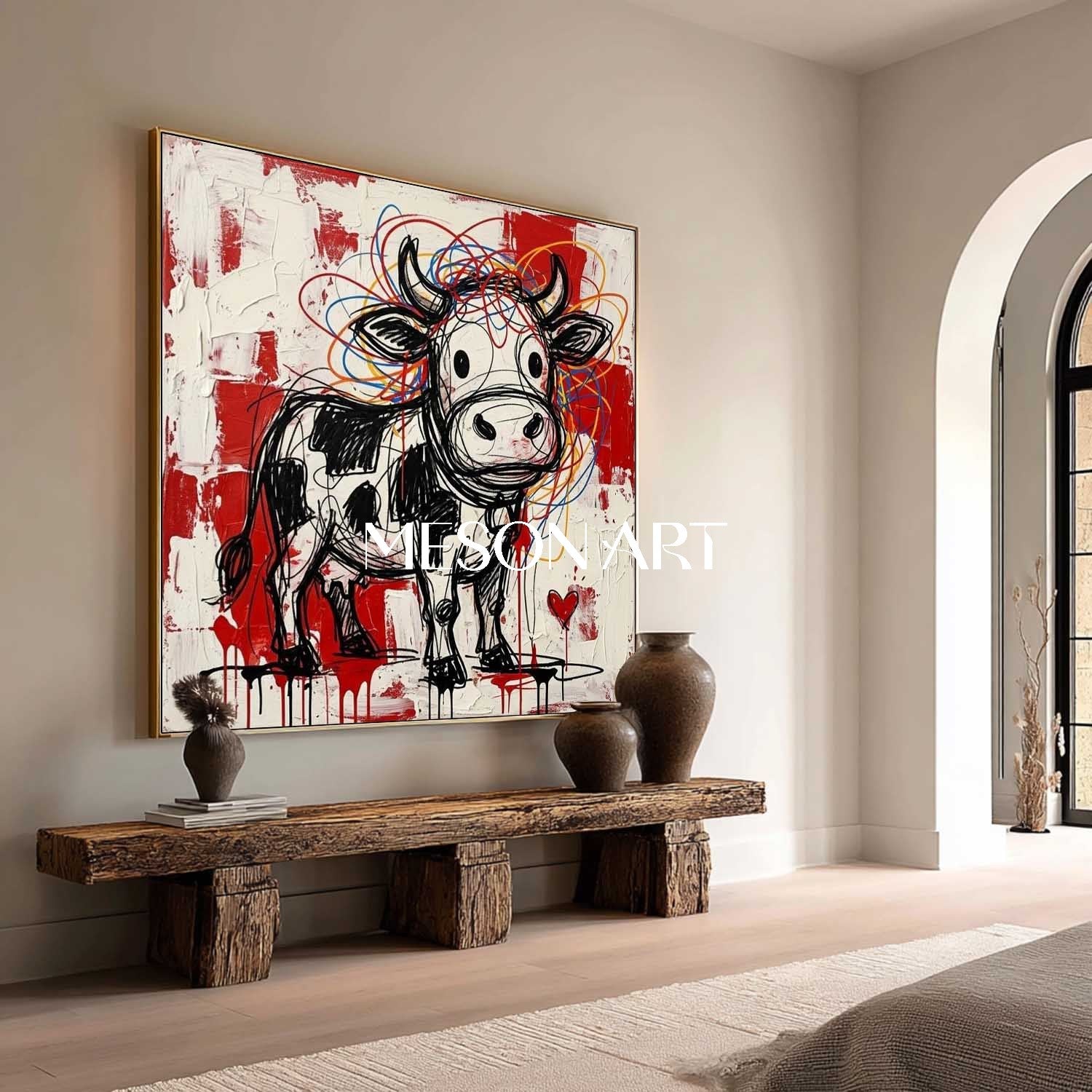 Square Hand-Painted Graffiti Cow Canvas Art | 3D Textured Pop Art | MESONART