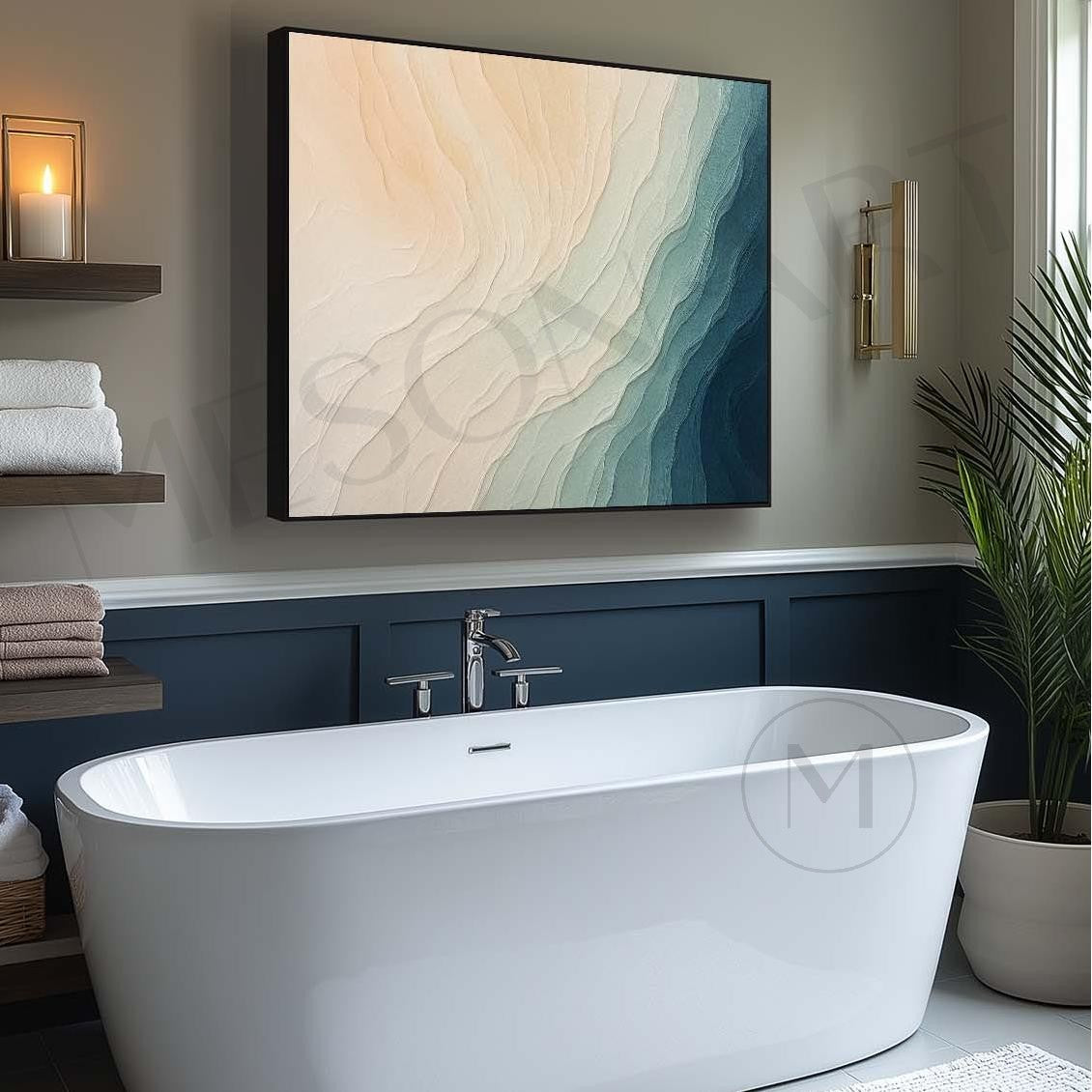 Large Beige And Blue Abstract Sea Canvas Painting Beige And Blue Abstract Sea Texture Wall Art