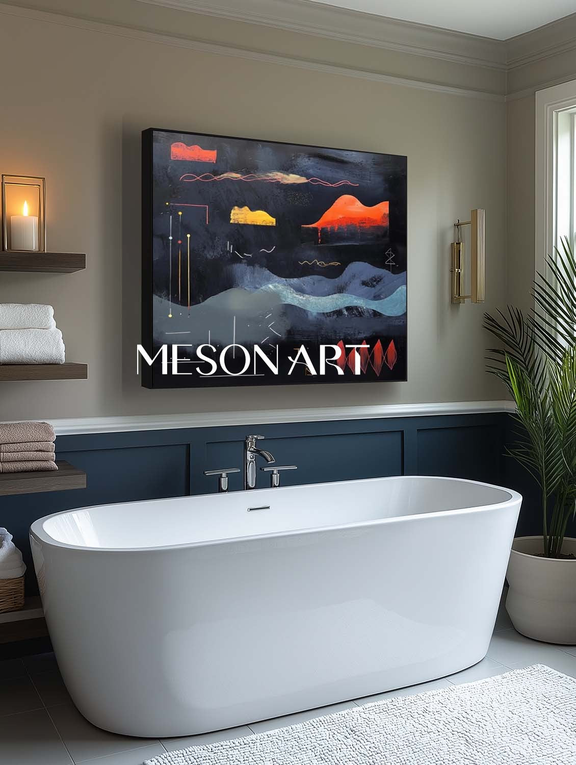 Large Dark Blue Abstract Landscape Art Dark Blue Minimalist Landscape Canvas Wall Decor