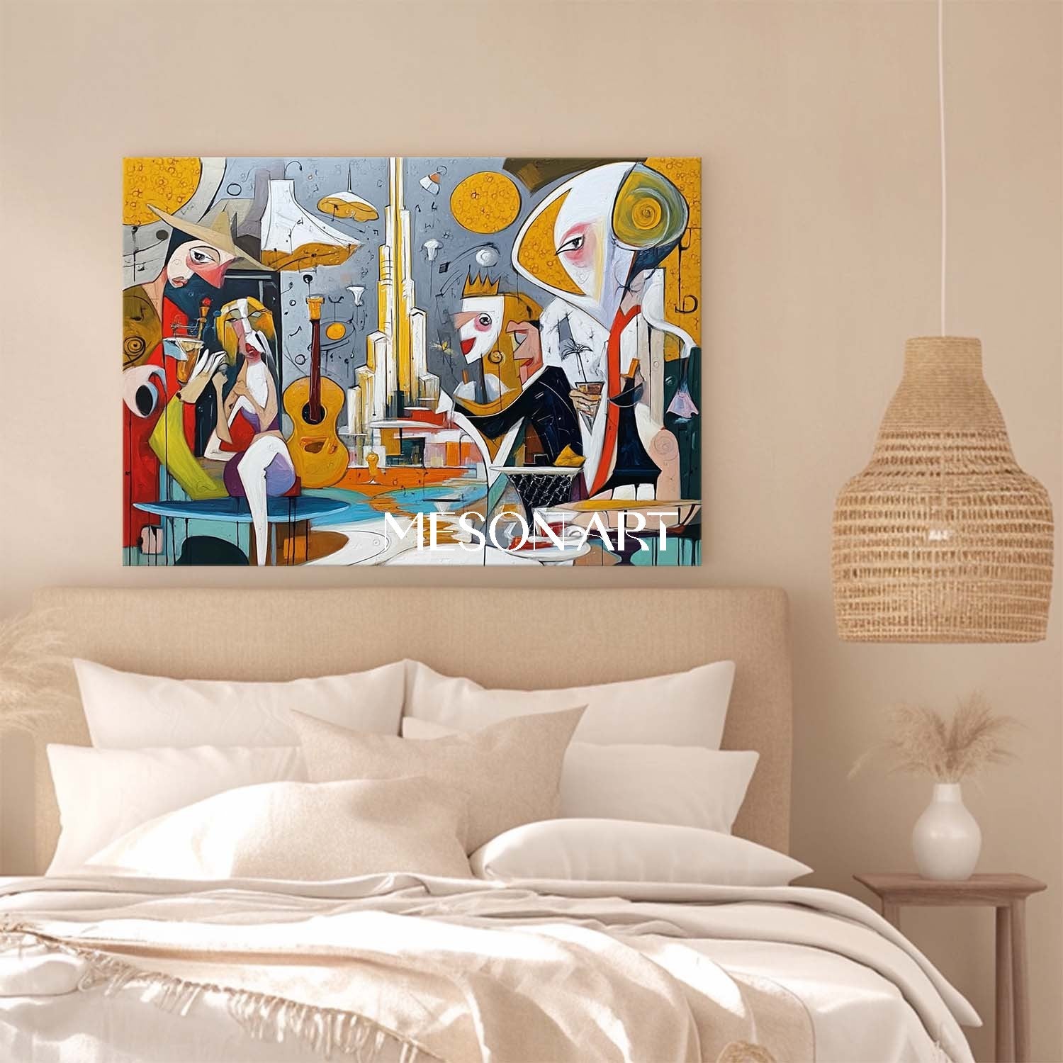 Modern Picasso Inspired Cubist Scene Large Wall Art for Dining Room
