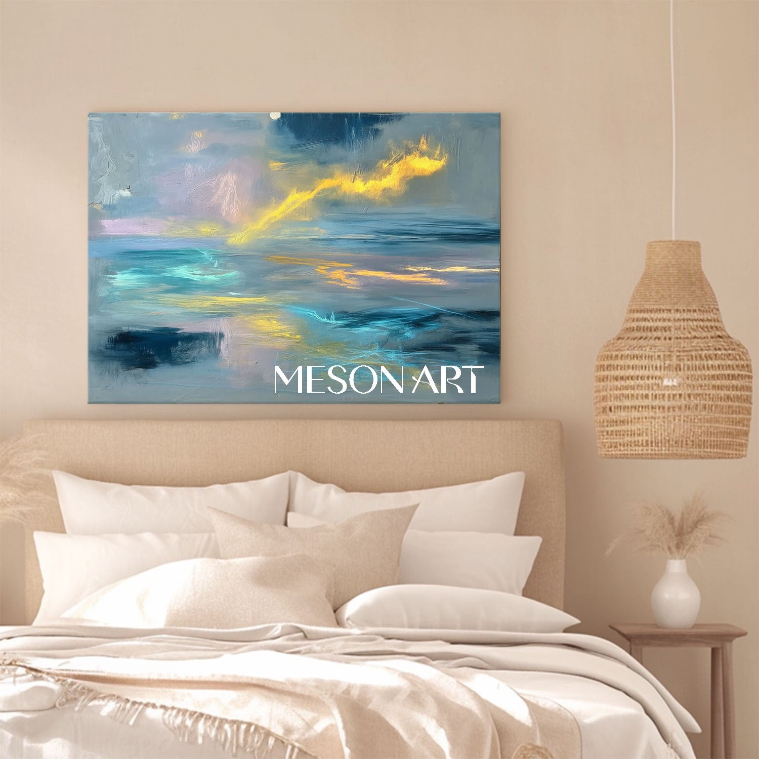 Gray Blue Abstract Oil Painting Large Coastal Style Wall Art Decor