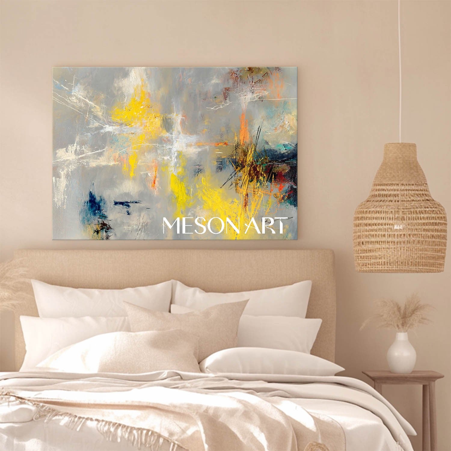 Gray Gold Contemporary Hand-Painted Canvas Oversized Bedroom Wall Art