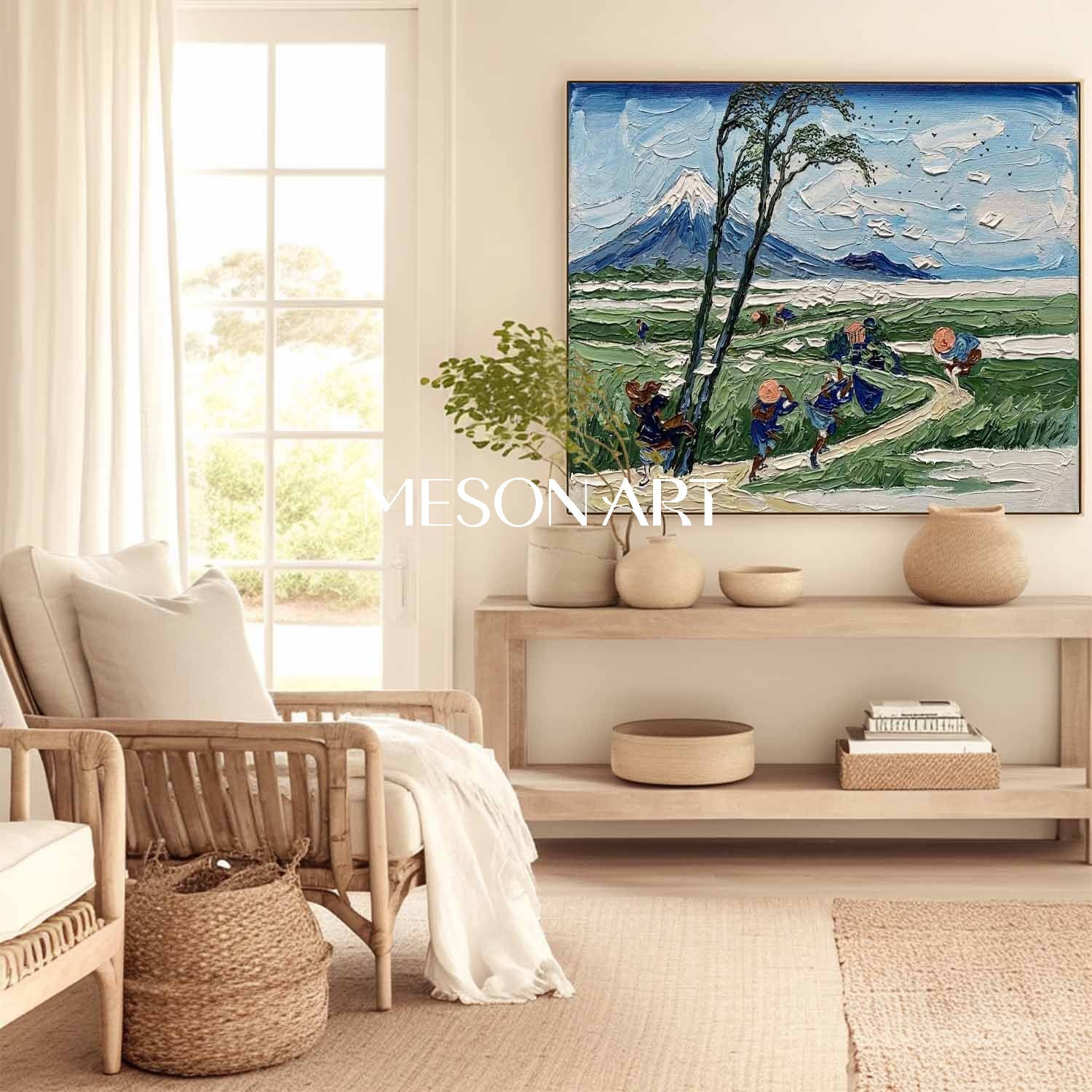 Textured Hokusai Mount Fuji Art - 3D Impasto Windy Landscape Oil Painting