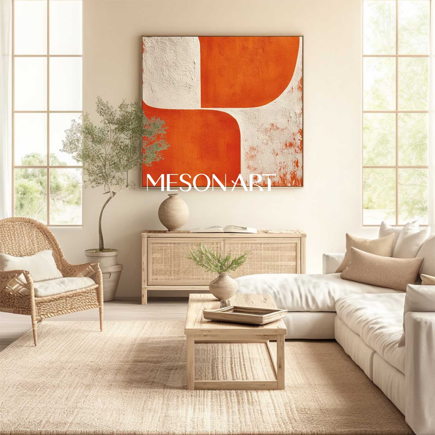 Neutral and Orange Abstract Canvas Contemporary Minimalist Modern Wall Art