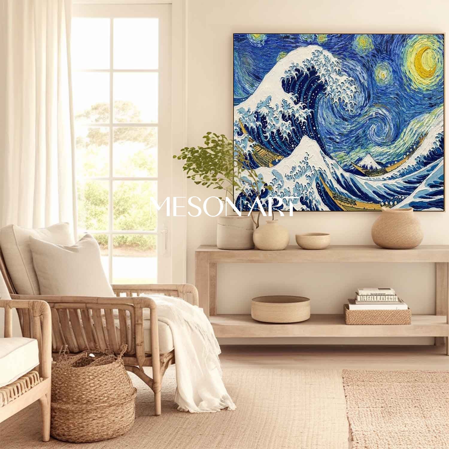 Ukiyo-e 3D Plaster Art, Hand Painted Heavy Texture Canvas, Japanese Wall Decor For Living Room
