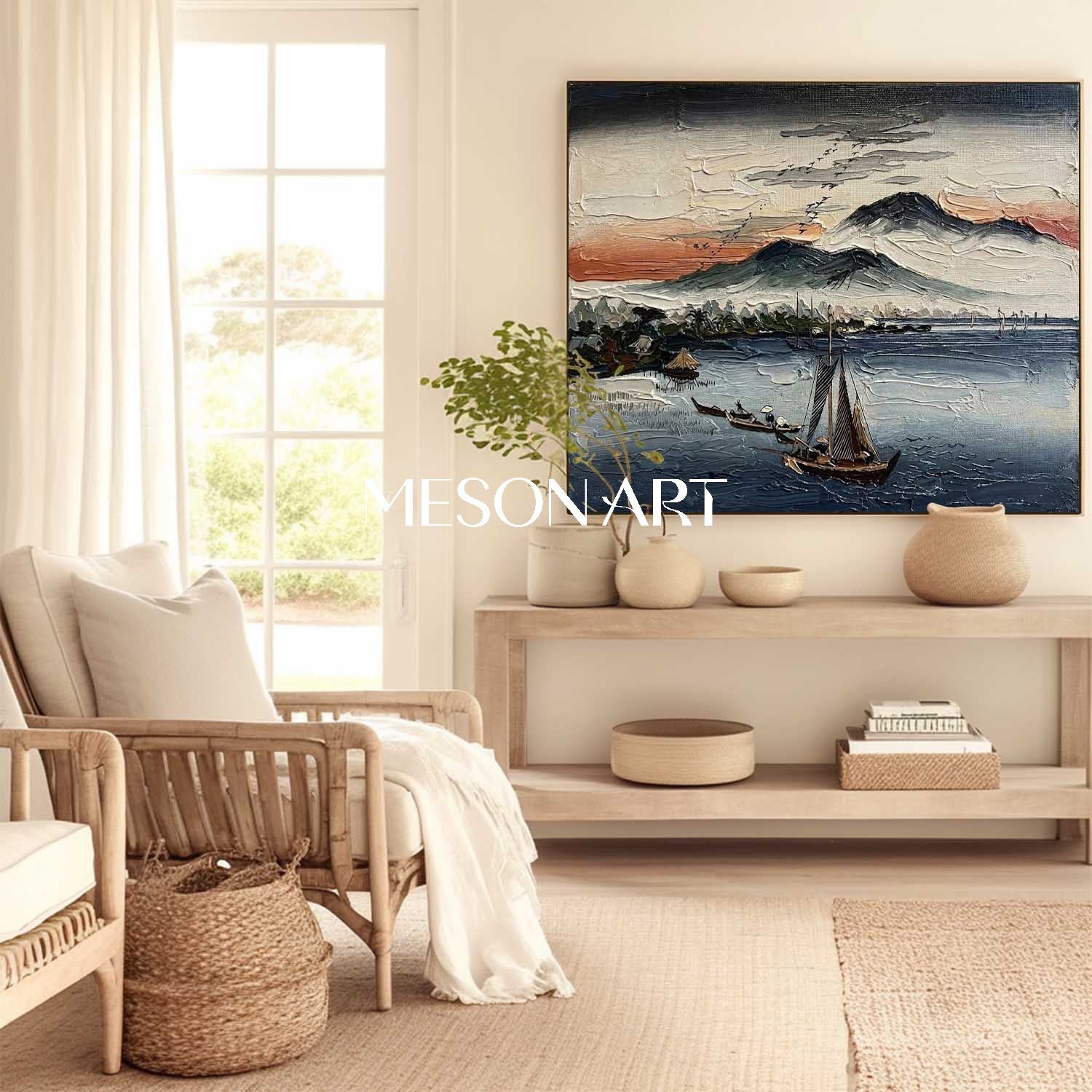 Textured Asian Seascape - 3D Impasto Sunset Boat Oil Painting
