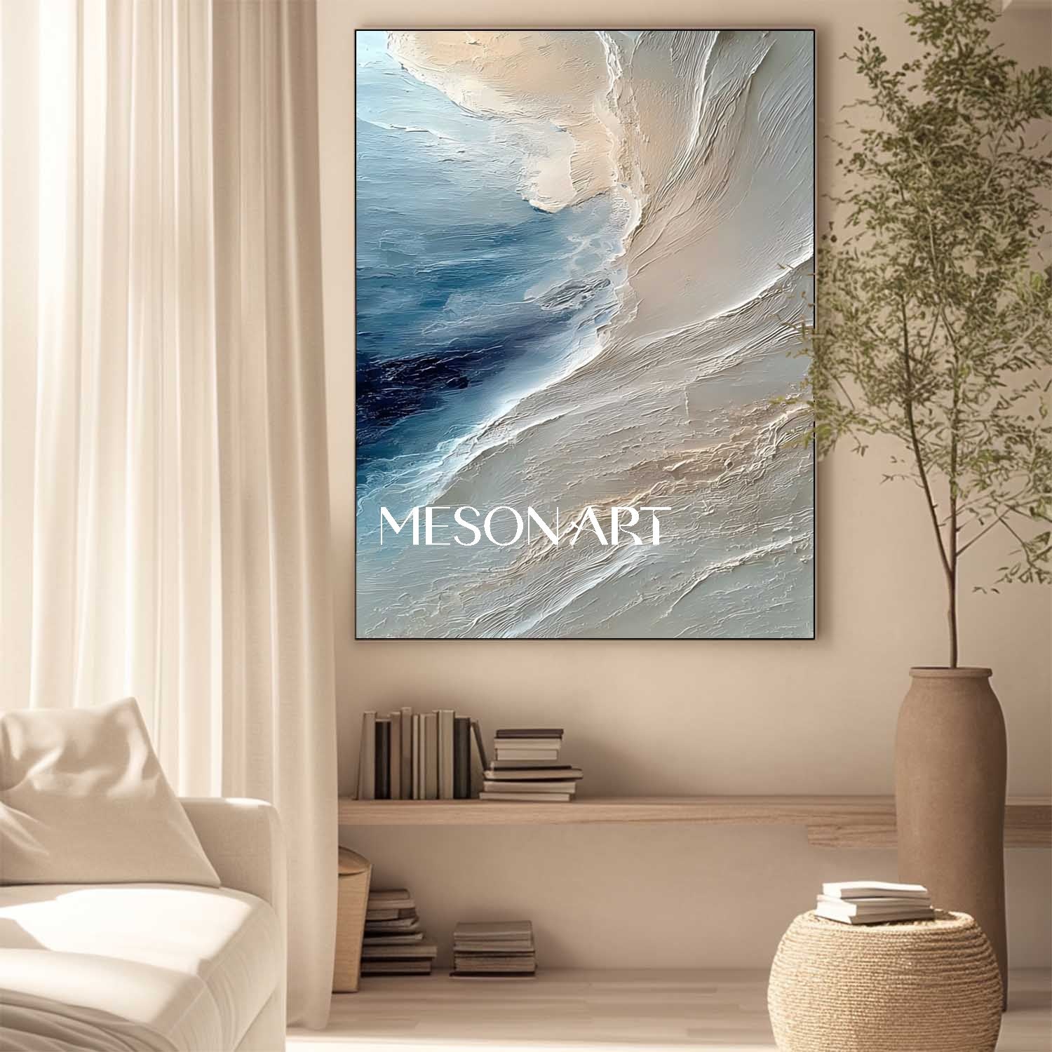 Large 3D Beige and Blue Coastal Beach Texture Canvas Wall Art Painting