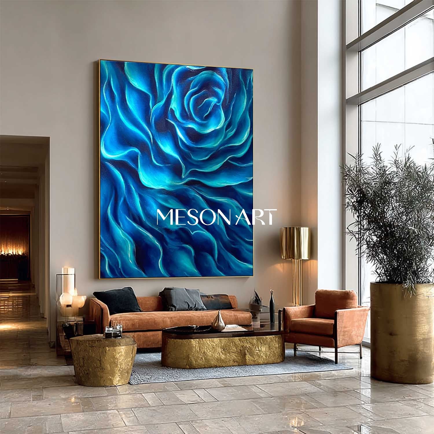 Blue Waves Abstract Flower Painting Modern Art on Canvas Wall Decor