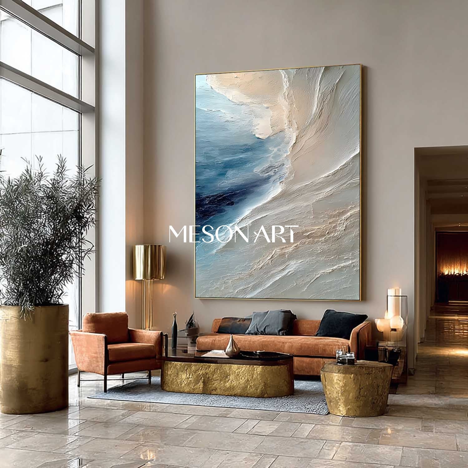 Large 3D Beige and Blue Coastal Beach Texture Canvas Wall Art Painting