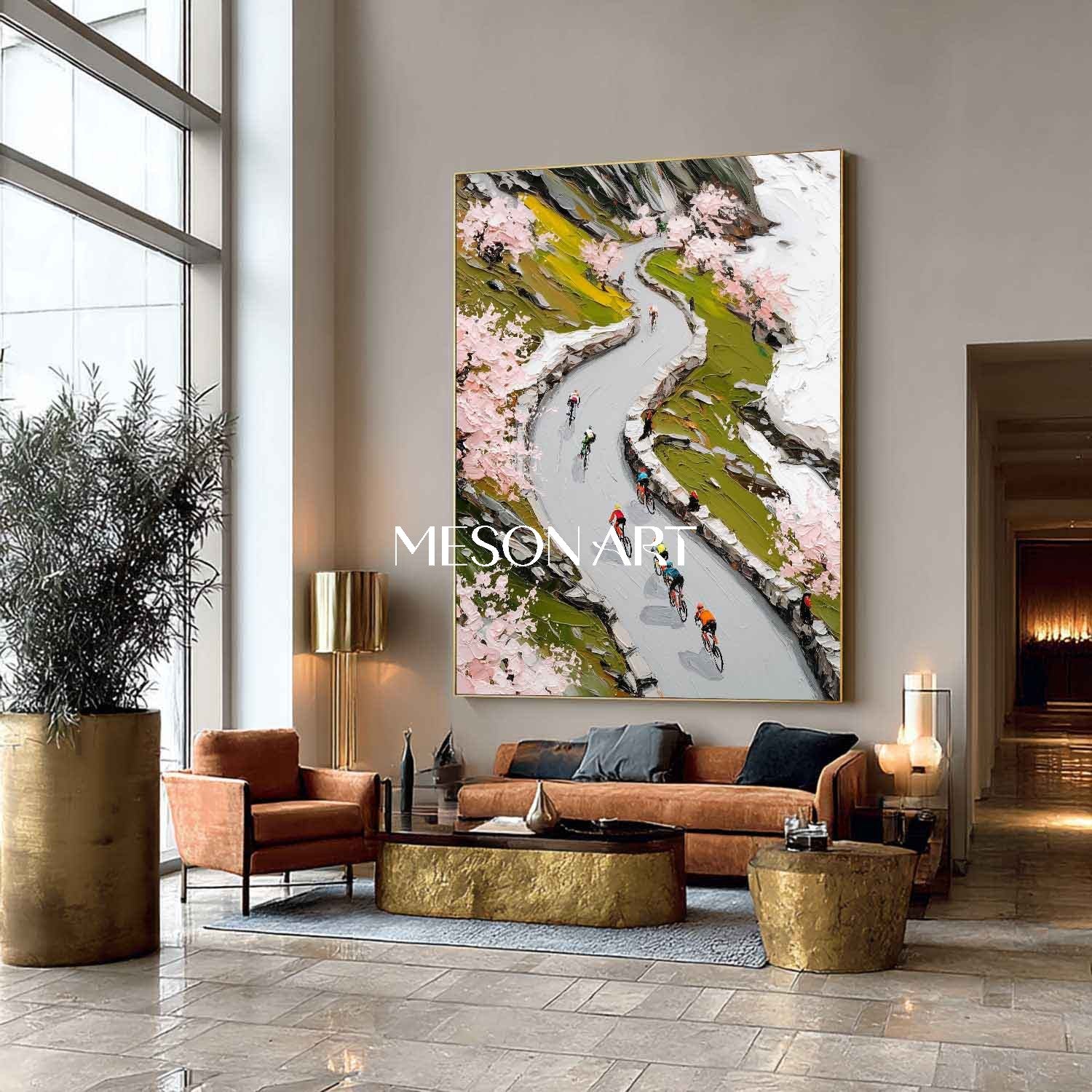 Handmade Impasto Painting Spring Mountain Cycling Canvas Art Entryway