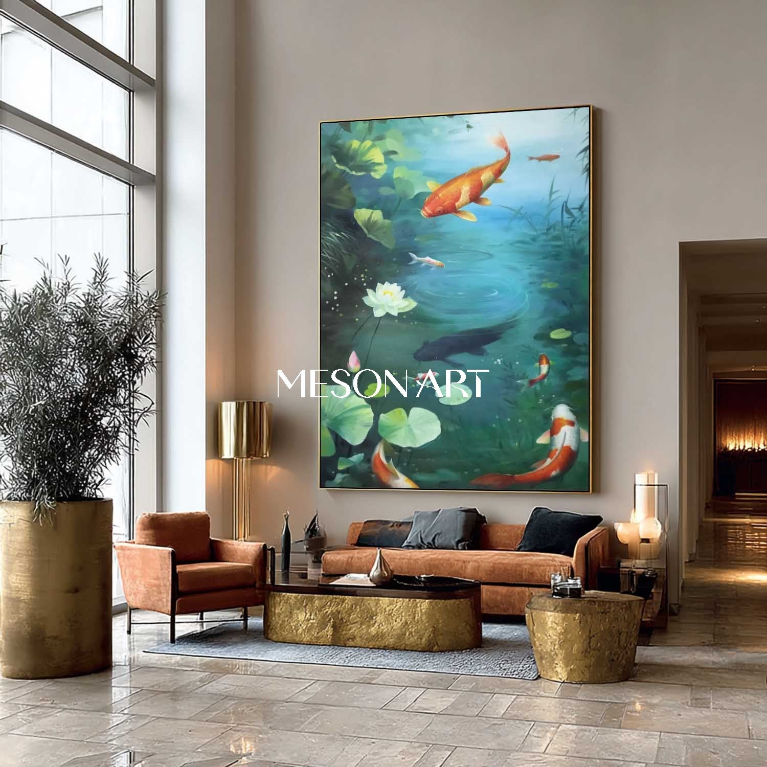 Tranquil Oil Painting Blue Pond Koi Fish Zen Interiors Wall Art Decor