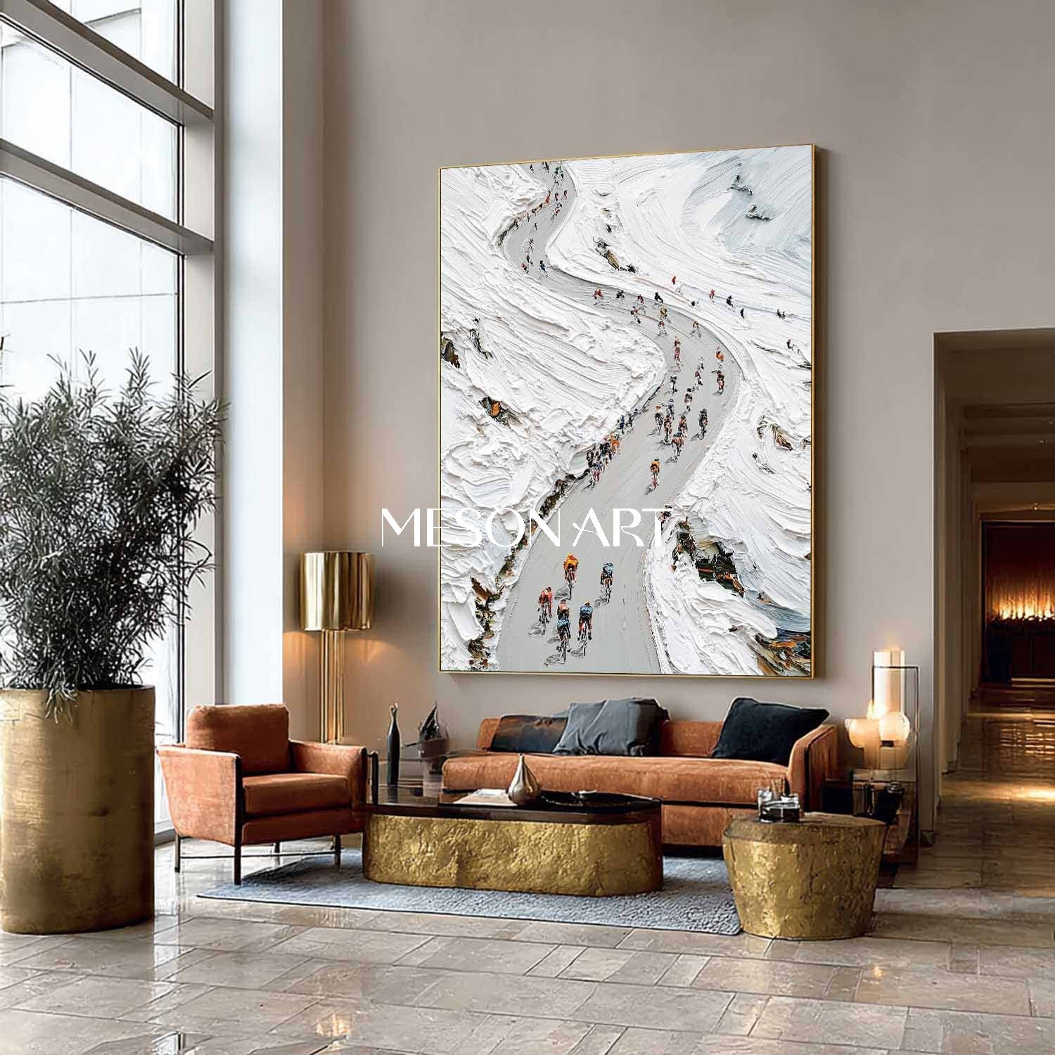 White Abstract Mountain Cycling Impasto Oil Painting Framed Office Art