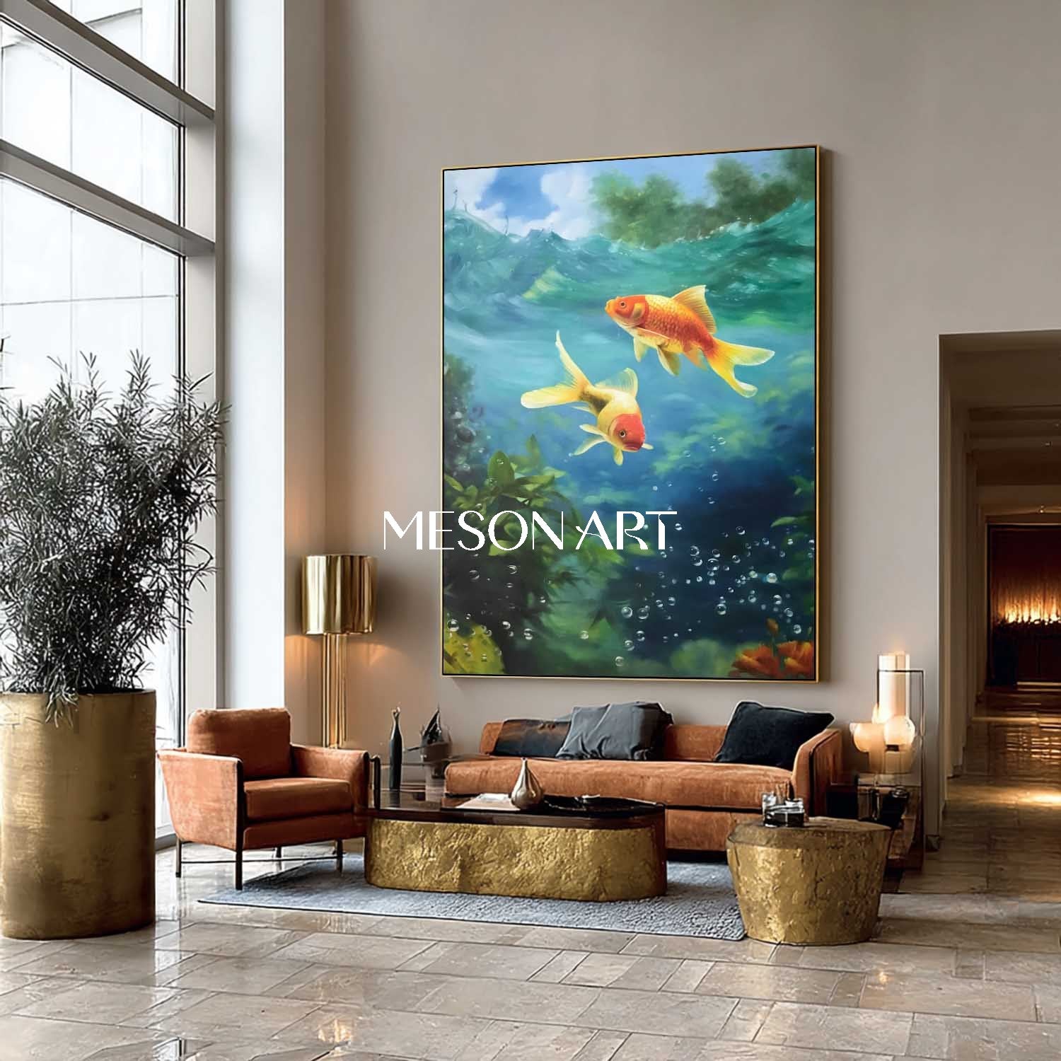 Blue Water Goldfish Painting Feng Shui Wall Art Home and Office Decor