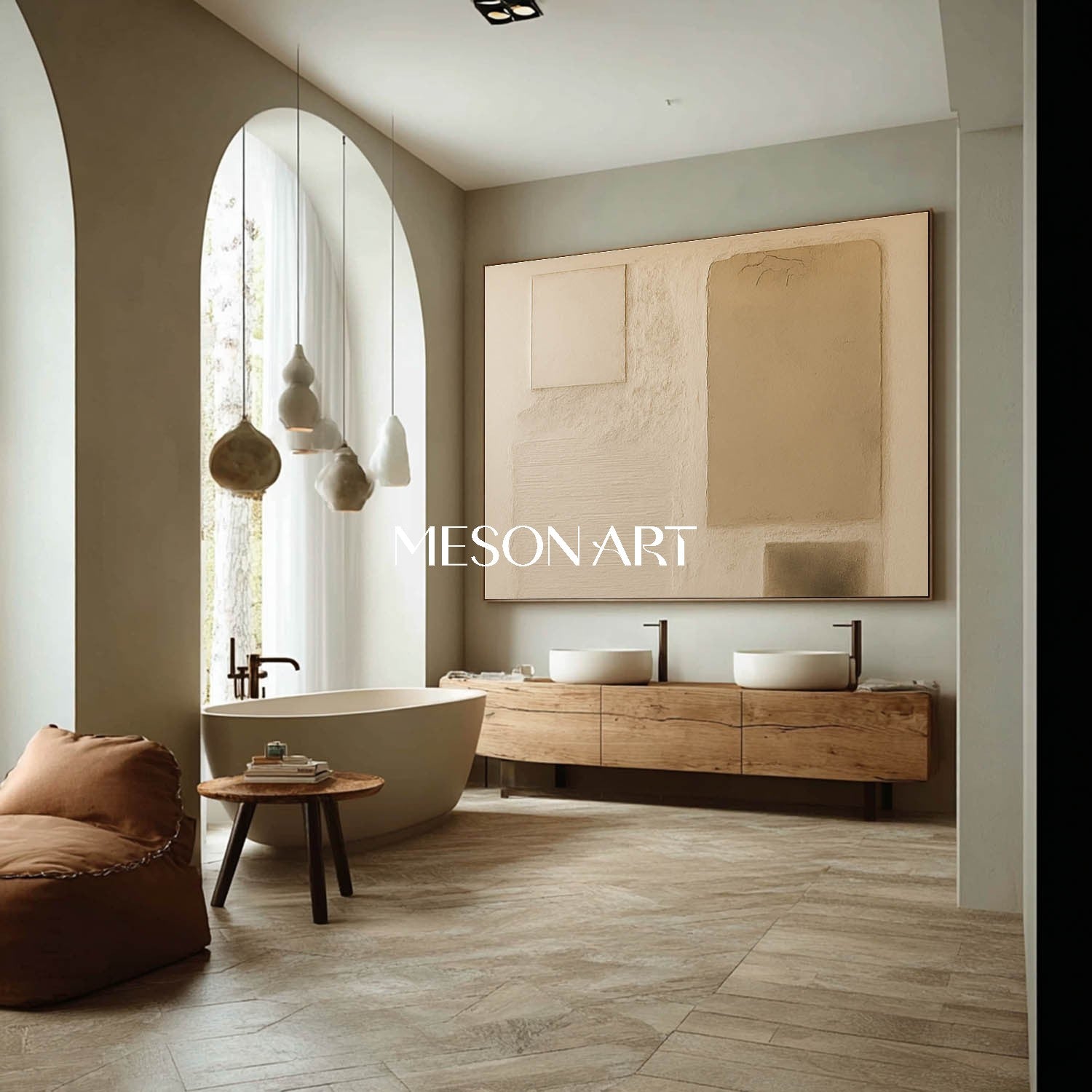 Large Horizontal Hand Painted Textured Canvas Wabi-Sabi Framed Art