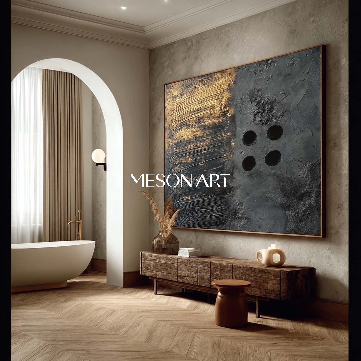 Black Wabi-Sabi Textured Painting MInimalist Abstract Wall Art Hallway