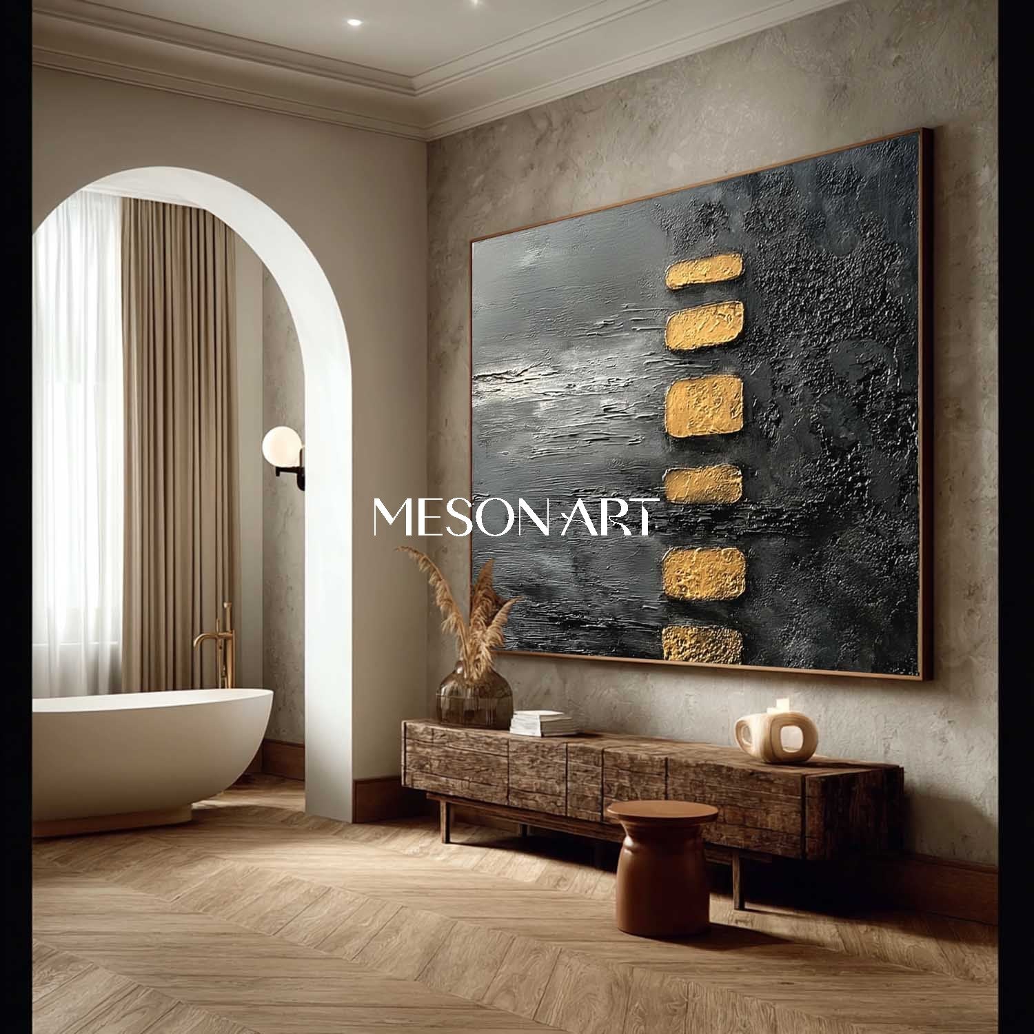 Modern Abstract Gold and Black Wabi-Sabi Painting for Luxury Spaces