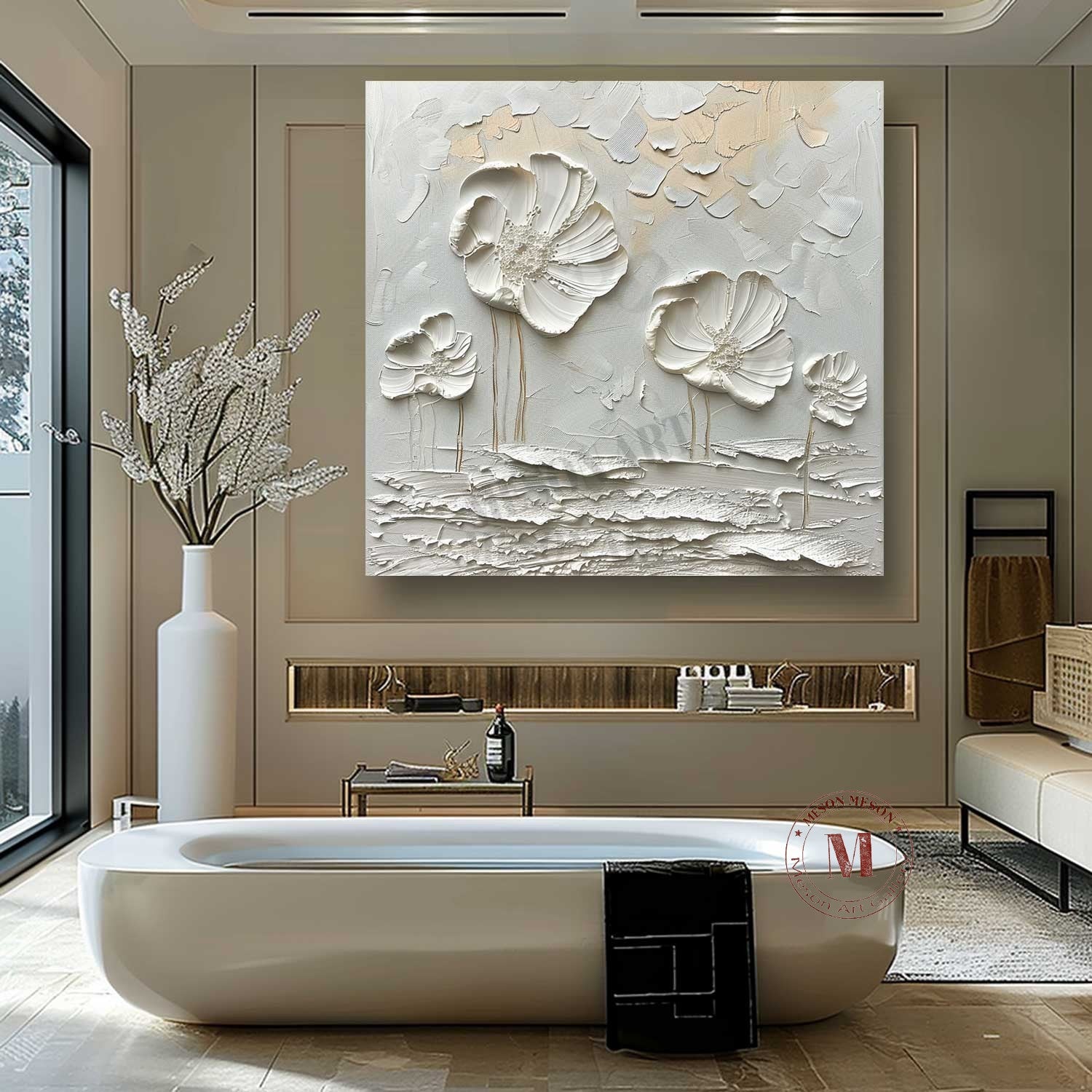 White floral plaster art canvas White Flowers plaster texture painting White floral texture wall art