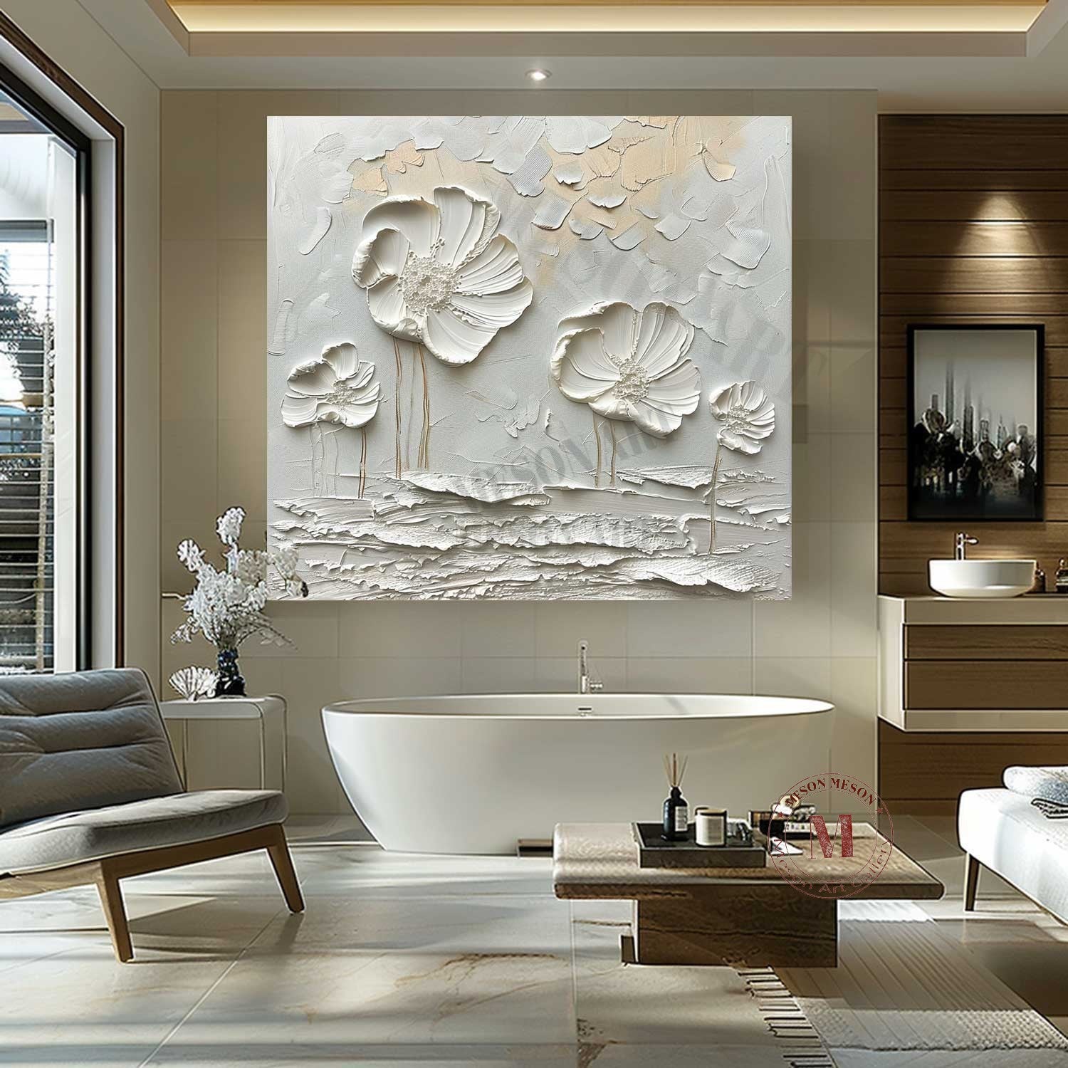 White floral plaster art canvas White Flowers plaster texture painting White floral texture wall art