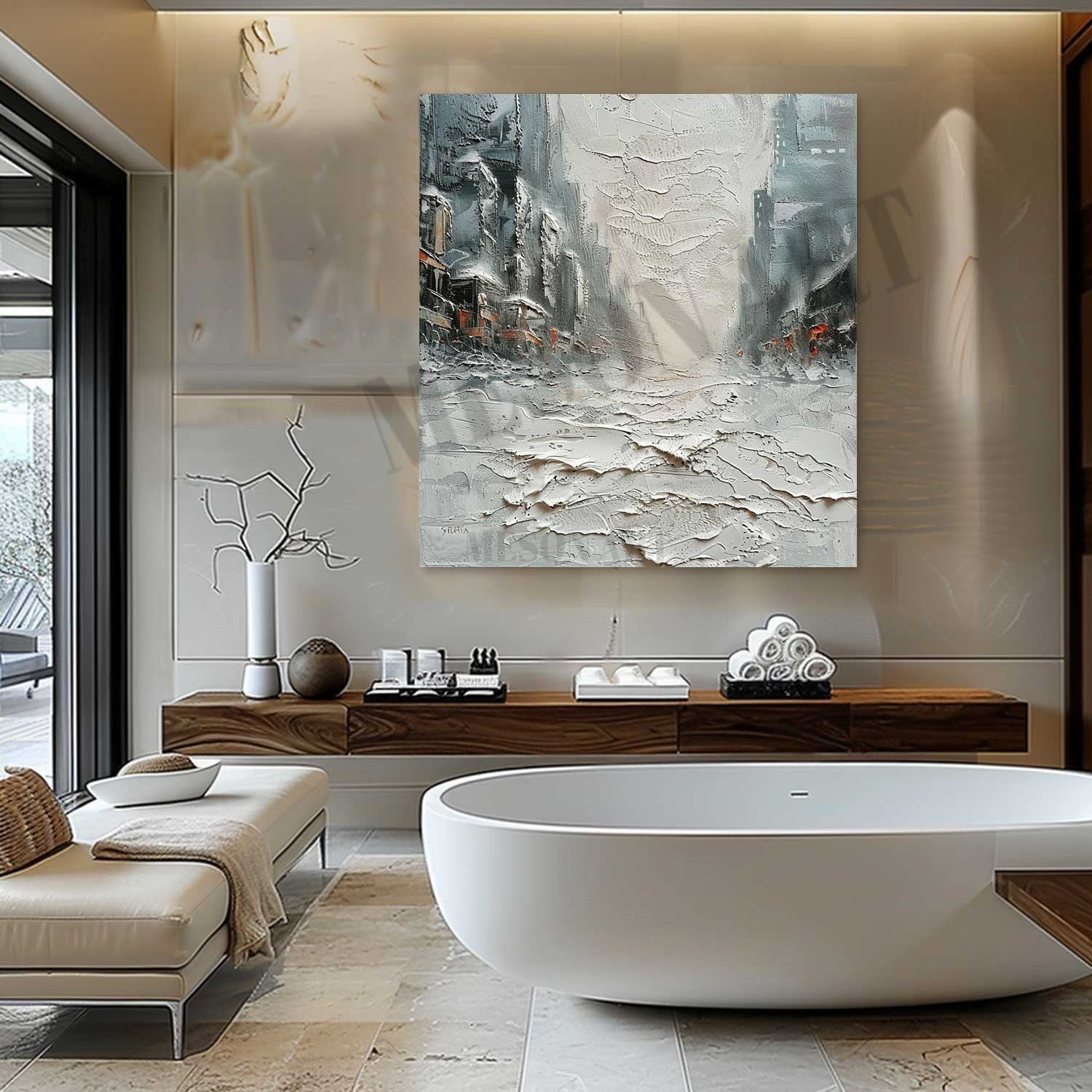 White Snowy City Abstract Canvas Painting Snowy City Abstract Wall Art Snow Texture Art