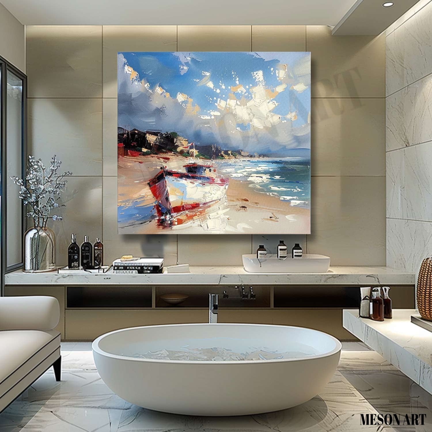 Beach Boat Art for Sale Coast Ship Texture Painting 3D Coast Ship Canvas Texture Wall Art