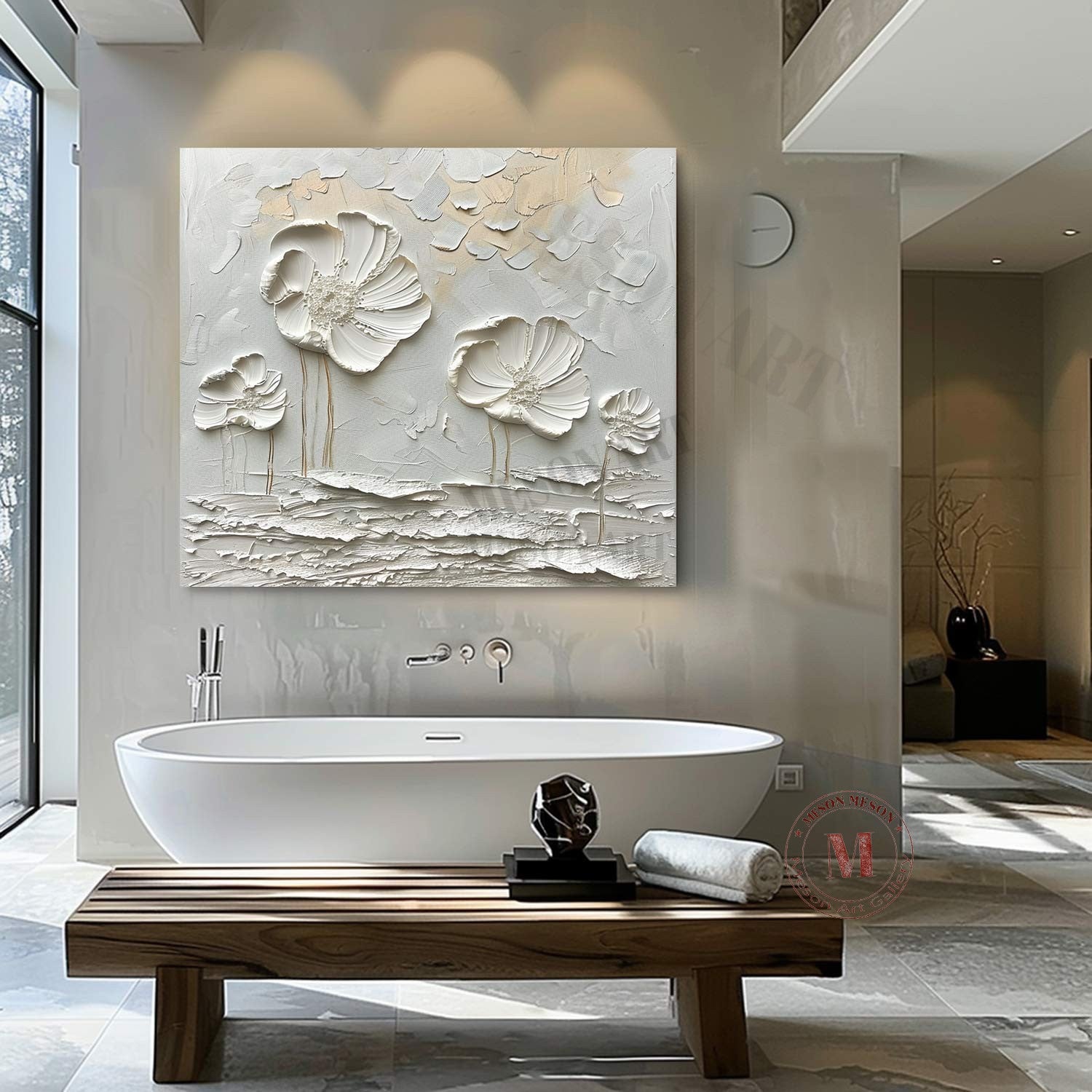 White floral plaster art canvas White Flowers plaster texture painting White floral texture wall art