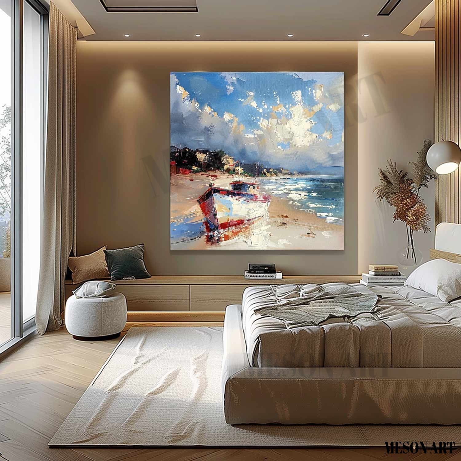 Beach Boat Art for Sale Coast Ship Texture Painting 3D Coast Ship Canvas Texture Wall Art