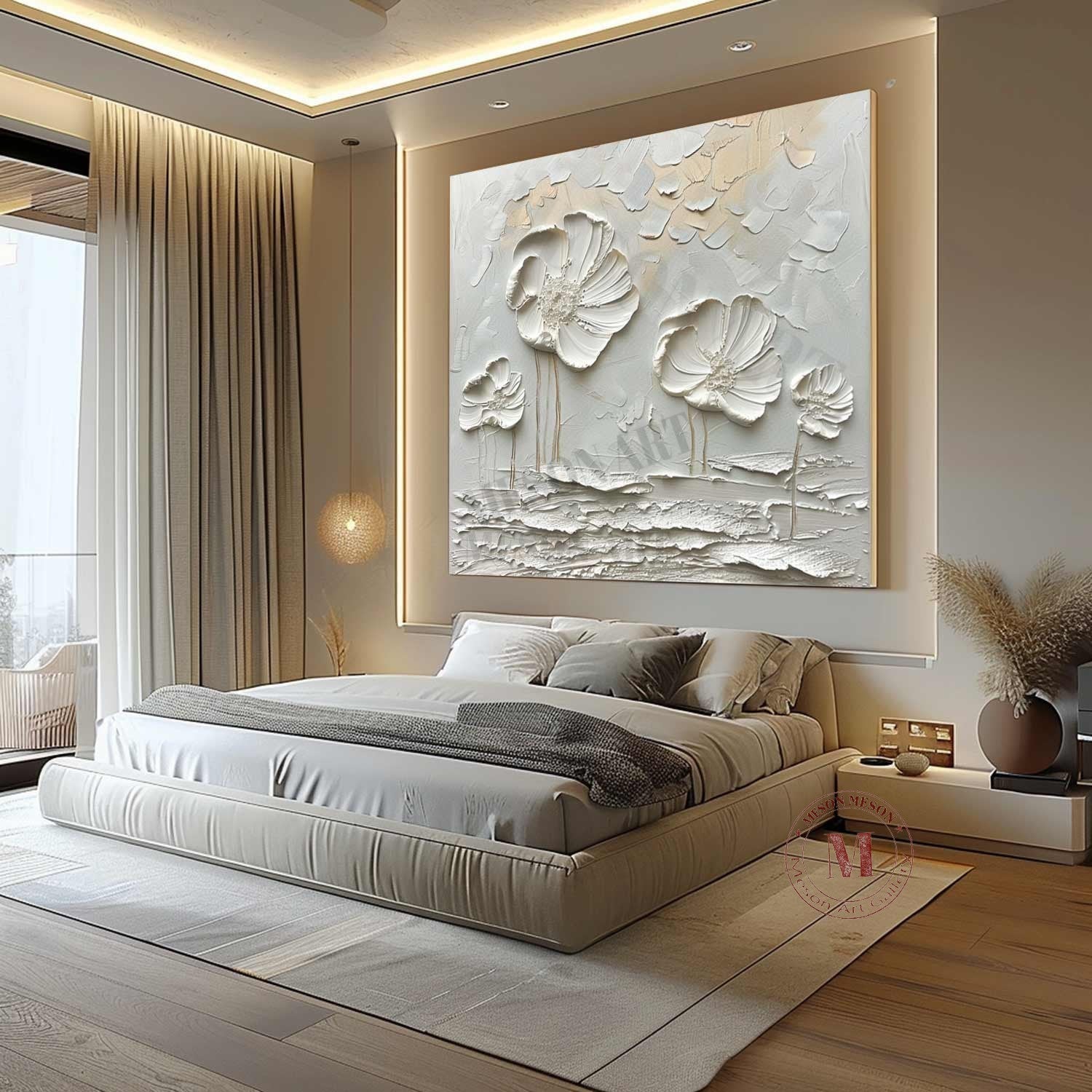 White floral plaster art canvas White Flowers plaster texture painting White floral texture wall art