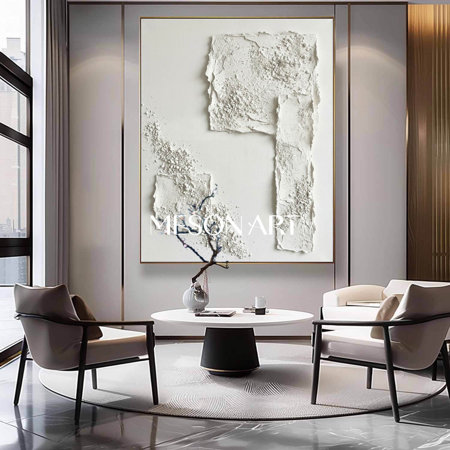 White Textured Abstract Painting by MesonArt Large Original Art for Bedroom Textural Art on Canvas
