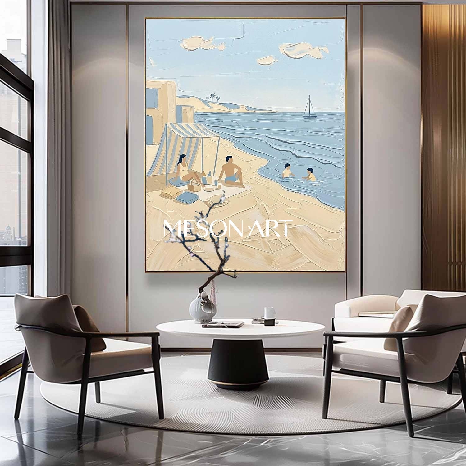 Textured Beach Painting Modern Minimalist Beach Art Family Beach Picnic Art