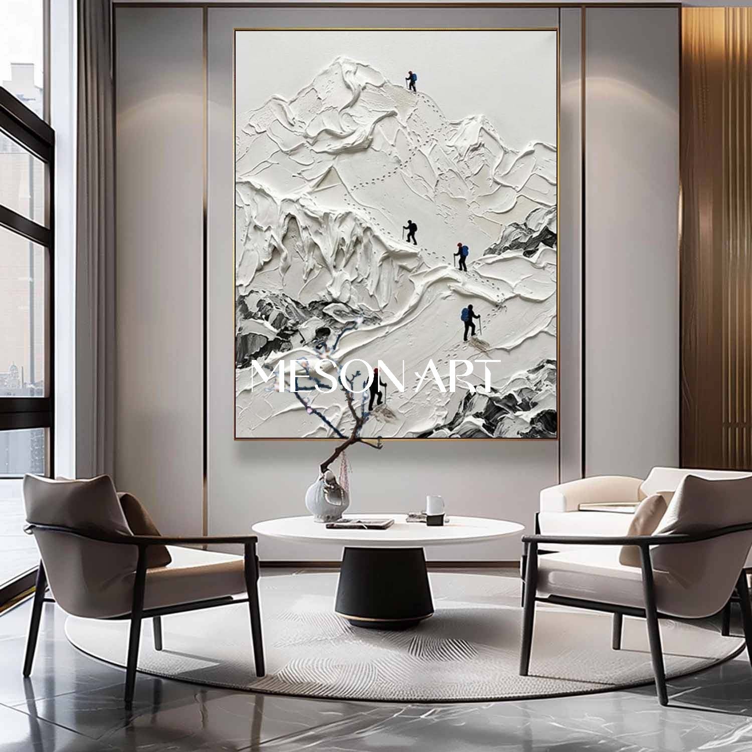 Large 3D Textured Snowy Mountain Hiker Oil Painting Minimalist Alpine Glacier Relief Wall Art Gold Frame