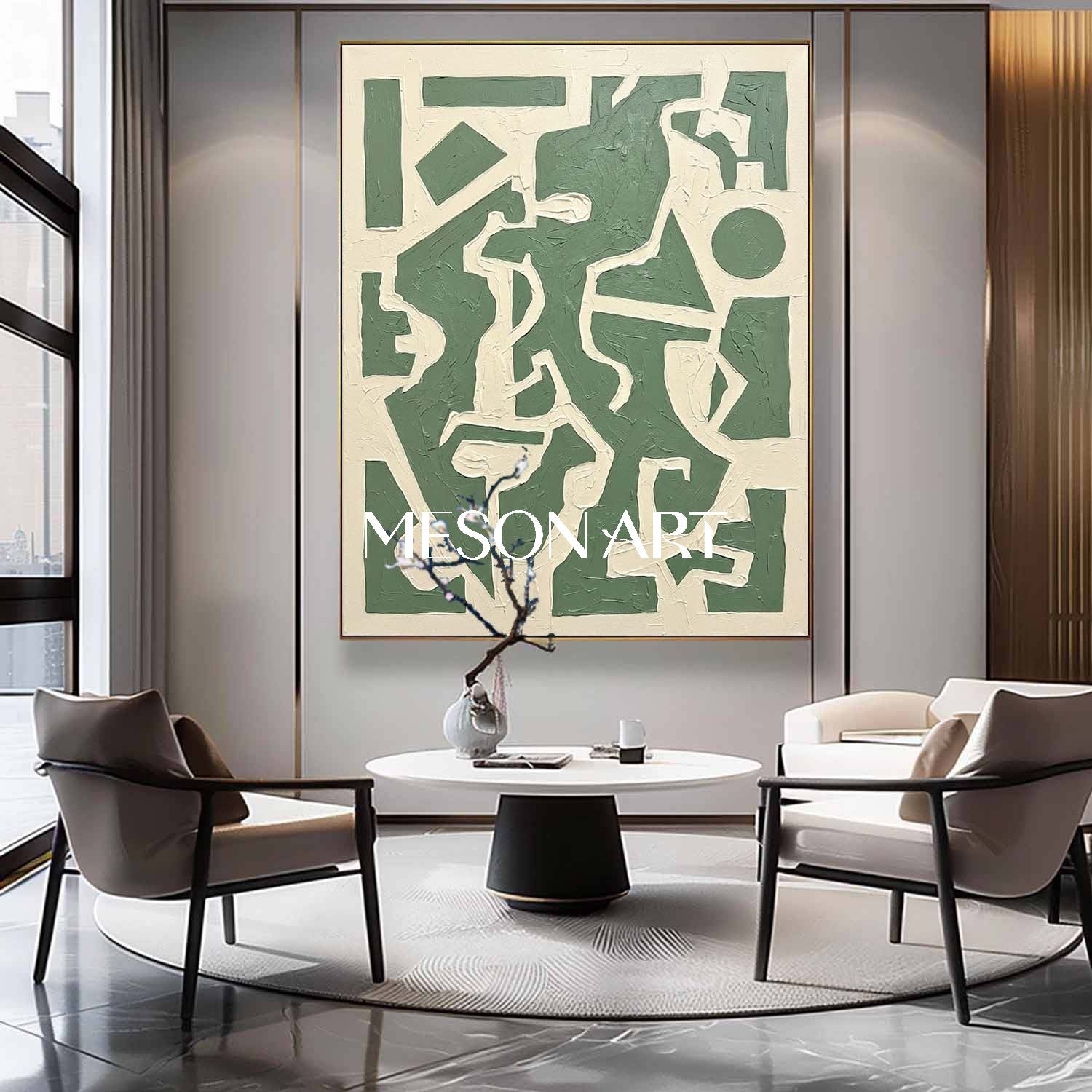 Vertical Sage Green Maze Art Modern Geometric Puzzle Painting MesonArt Exclusive Statement Piece