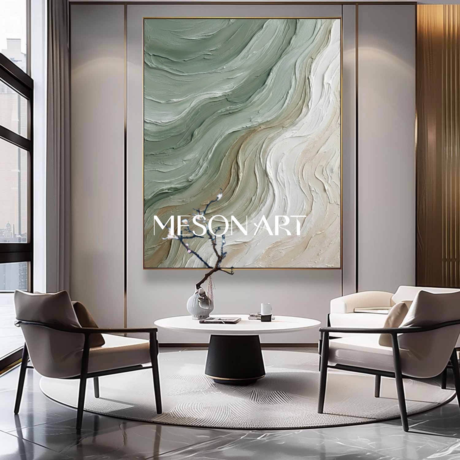 Large White And Green Wave Canvas Wall Painting Minimalist Wave Wall Art Decoration