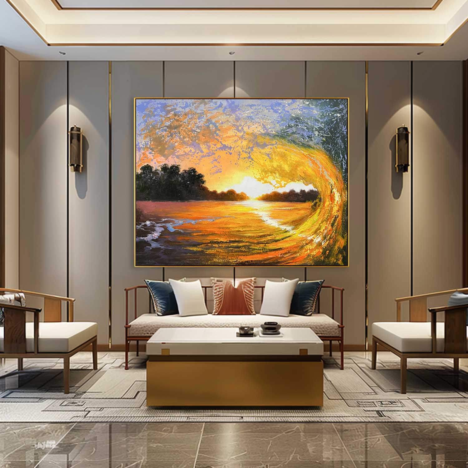 Orange and Blue Wave Oil Painting Surf Wall Art for Sale Surfer Canvas Art Wave Realistic Art