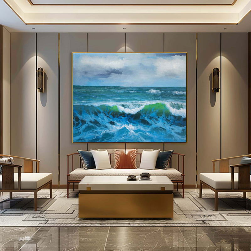 Large Realistic Sea Oil Paintings Sea Realistic Canvas Art Light Blue Realistic Sea Wall Art Decor