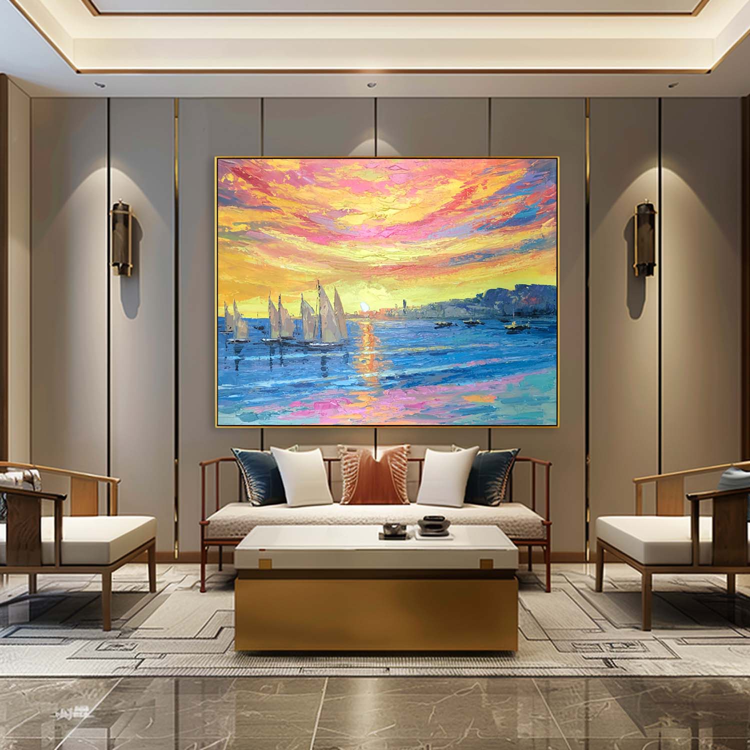 Sailing Boat Under Colorful Sunset Oil Painting Sailing Boat Landscape Oil Painting Sailing Boat Canvas Wall Art