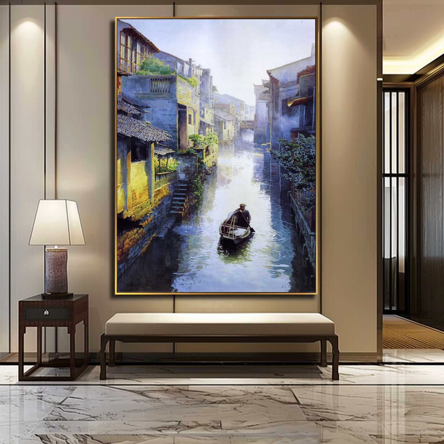 Large Realistic Water Town Landscape Art Venice Water Town Landscape Canvas Wall Art For Sale