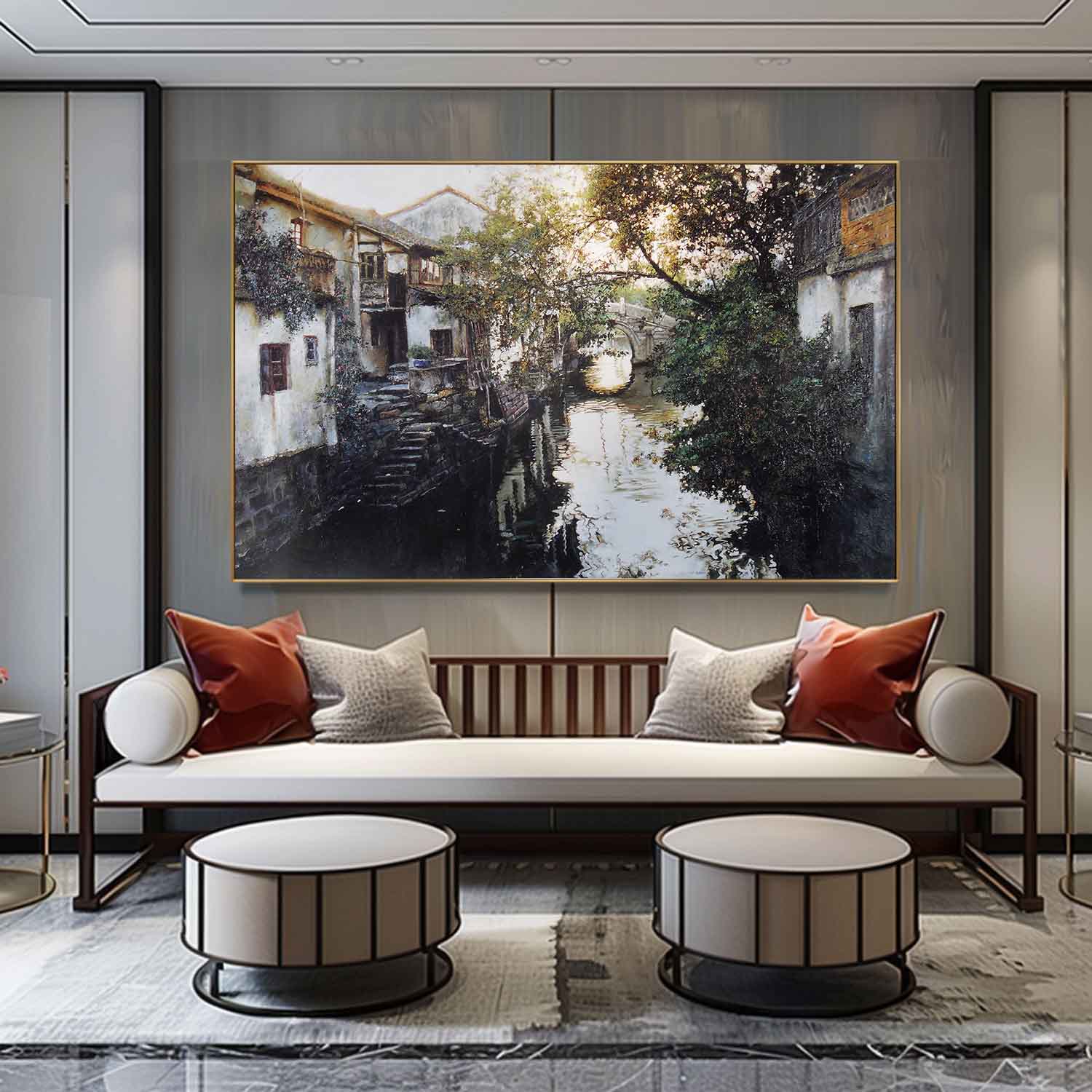 Ancient Water Town Oil Paintings Ancient Water Town Canvas Wall Art Hyper-Realistic Water Town Art For Sale