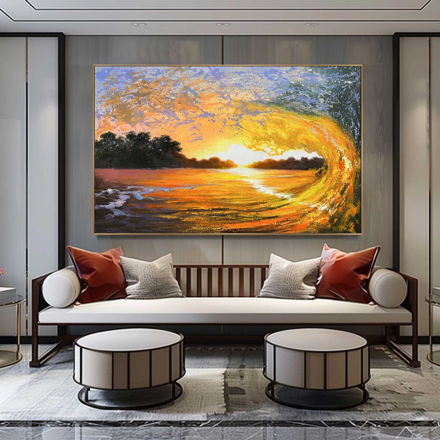 Orange and Blue Wave Oil Painting Surf Wall Art for Sale Surfer Canvas Art Wave Realistic Art