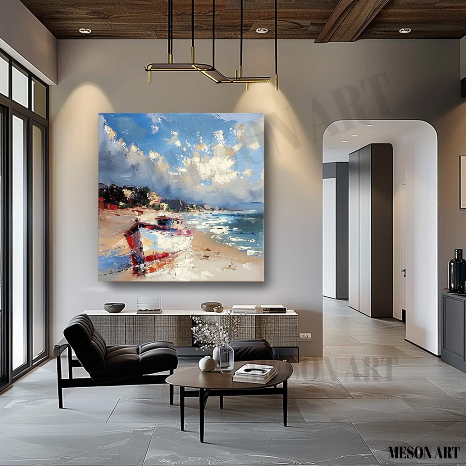 Beach Boat Art for Sale Coast Ship Texture Painting 3D Coast Ship Canvas Texture Wall Art