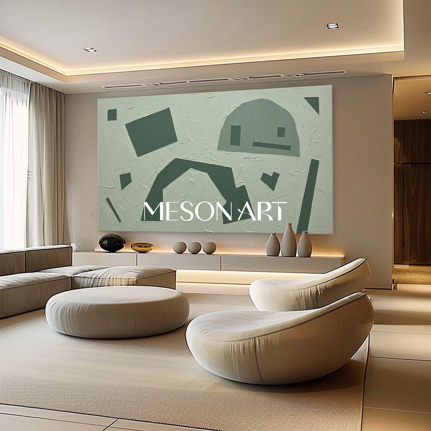 Tonal Sage Framed Painting Panoramic Green Geometric Canvas Above Sofa Abstract Wall Decor