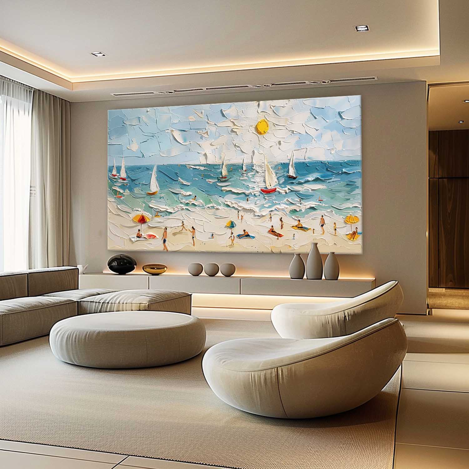 Large Summer Beach Coast Vacation Oil Painting Beach Holiday Landscape Texture Wall Art for Sale