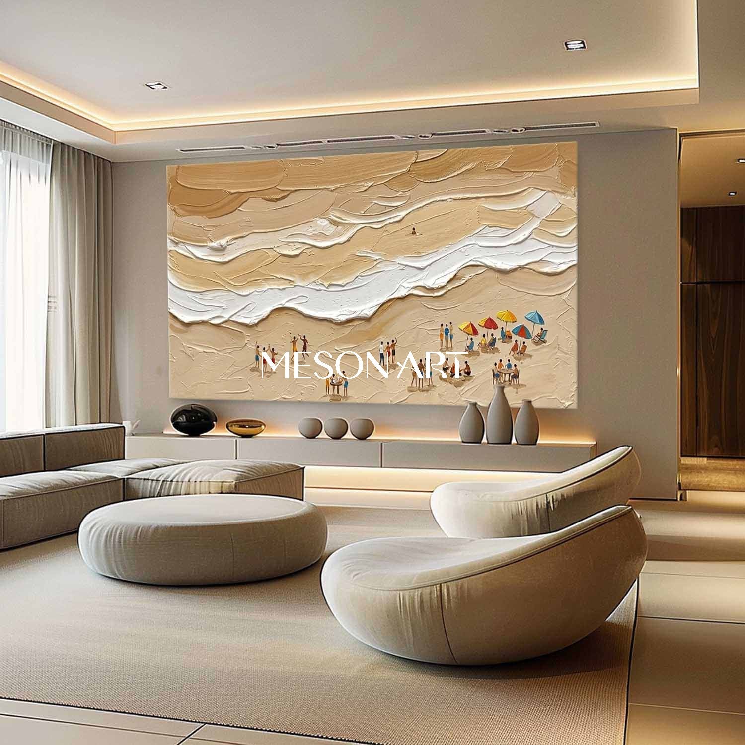 Large Sandy Beach Impasto Painting Minimalist Canvas Textured Wall Art