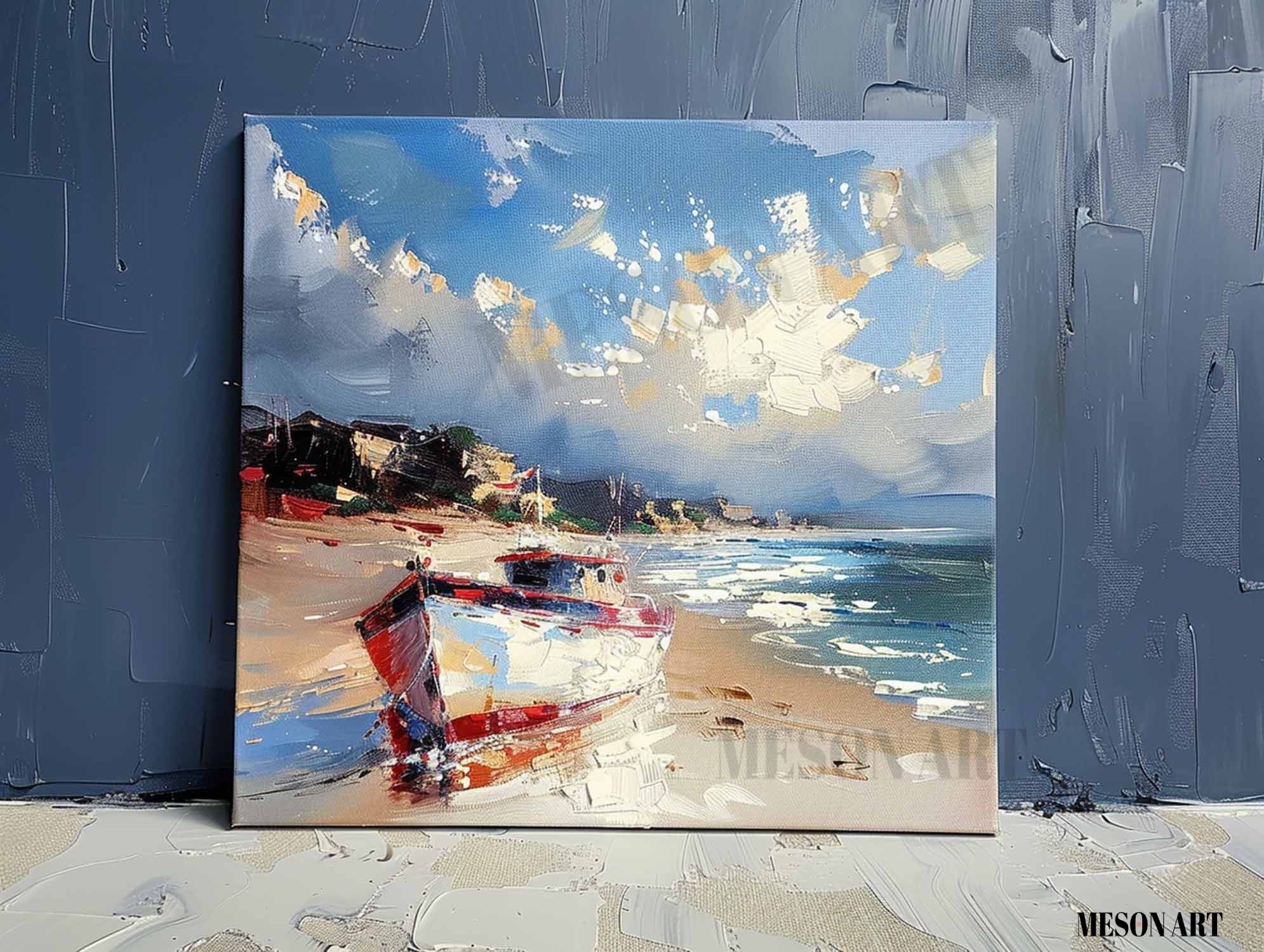 Beach Boat Art for Sale Coast Ship Texture Painting 3D Coast Ship Canvas Texture Wall Art