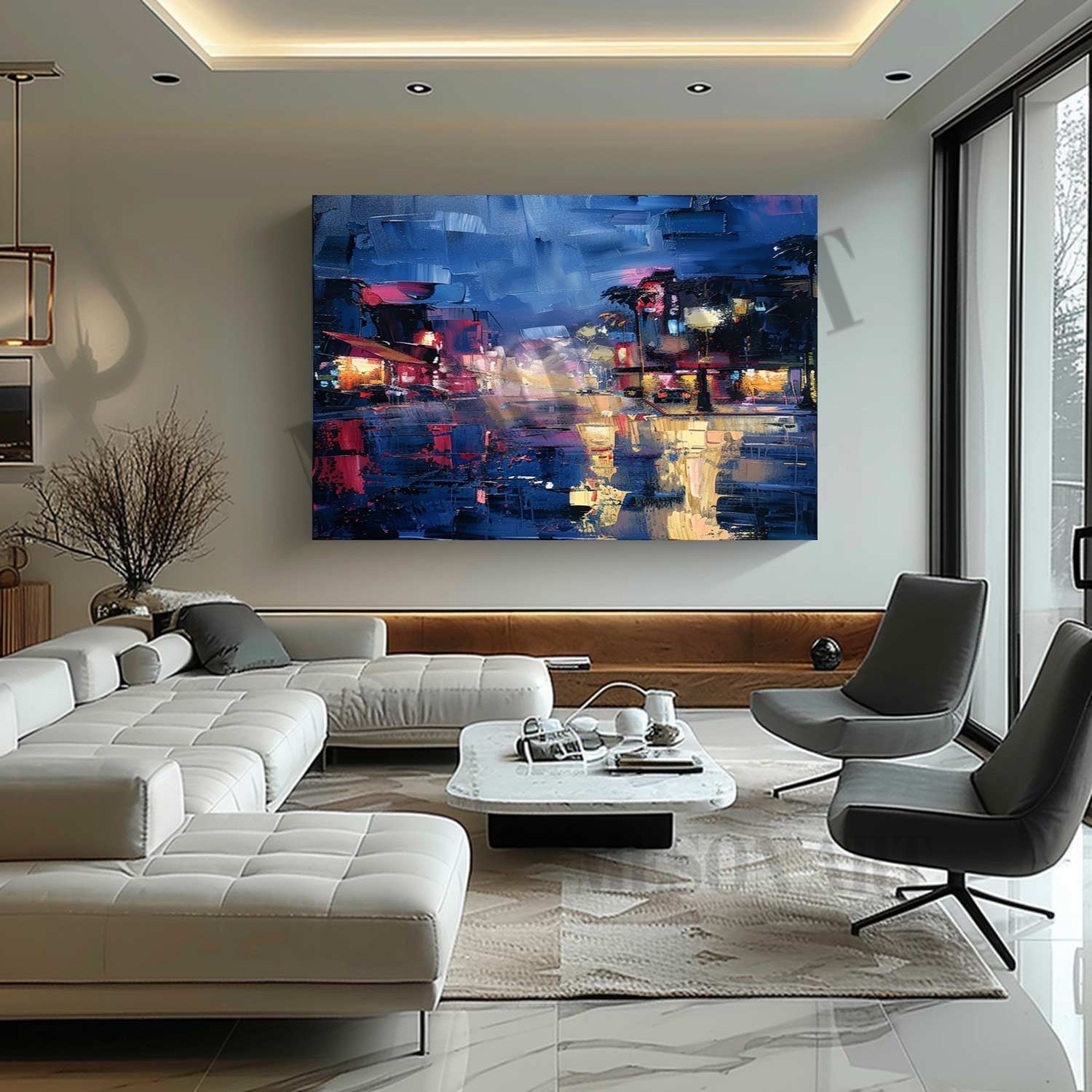 City Night Scene Abstract Blue Painting California Night Scene Canvas Art for Sale City Night Scene Wall Art
