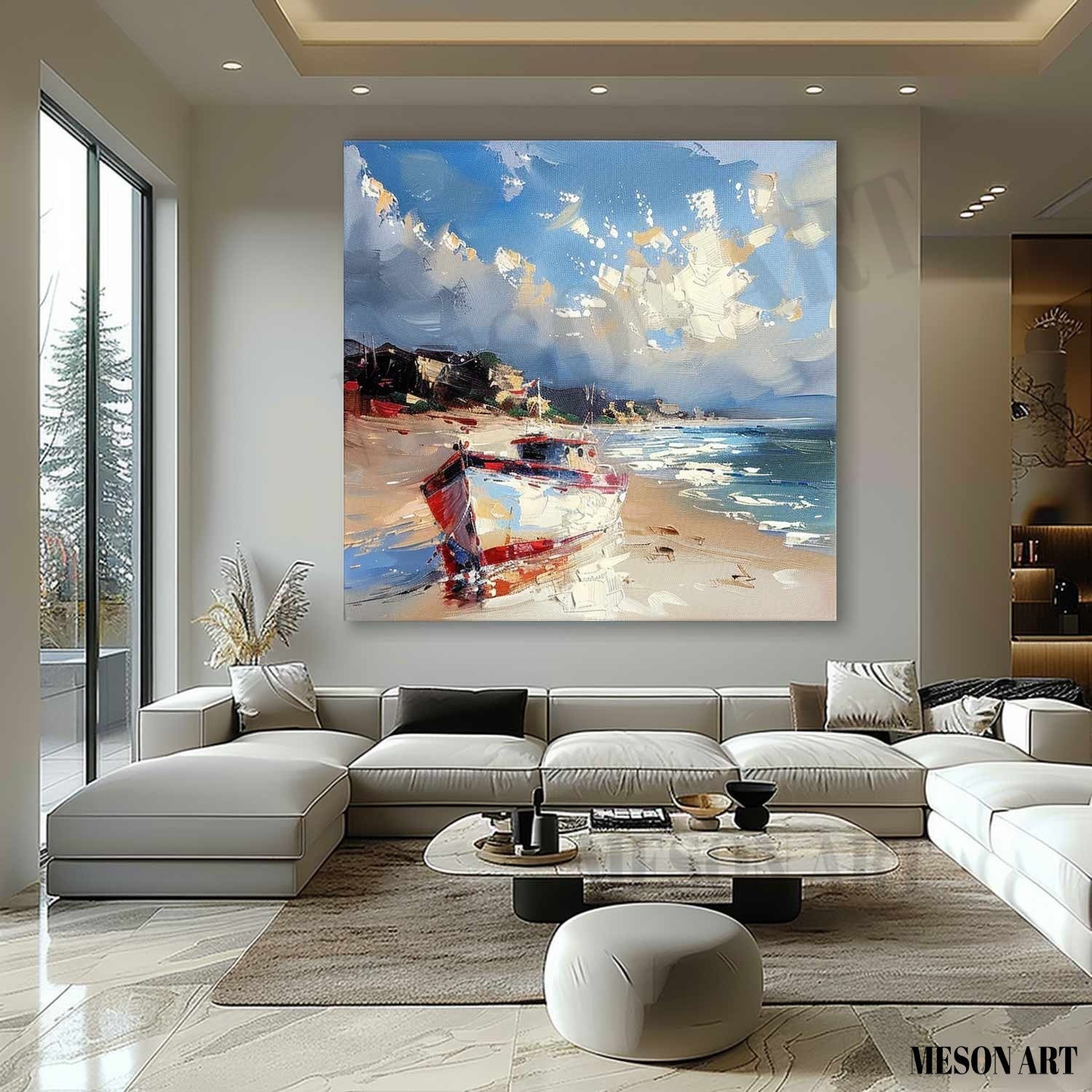 Beach Boat Art for Sale Coast Ship Texture Painting 3D Coast Ship Canvas Texture Wall Art