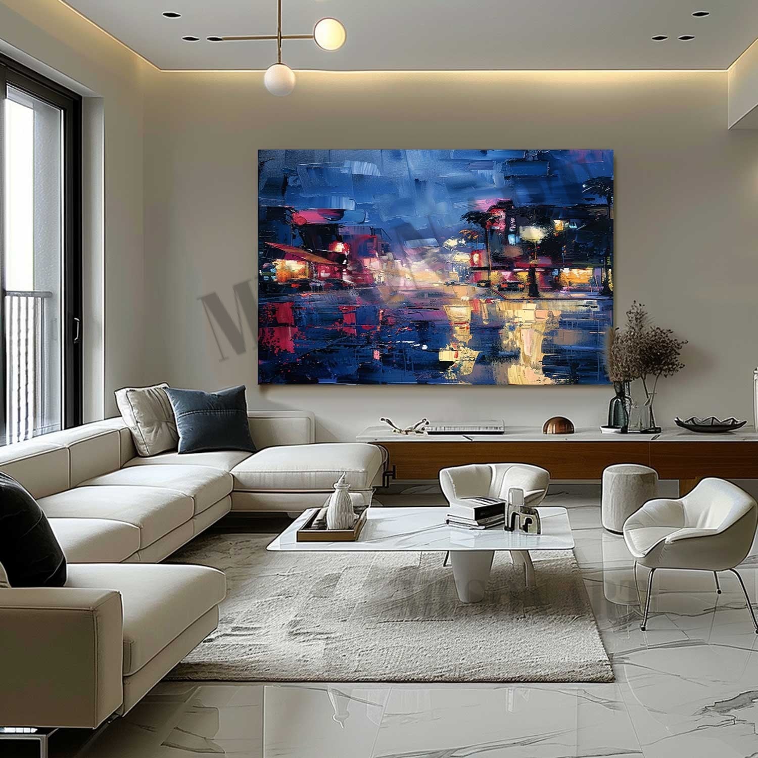City Night Scene Abstract Blue Painting California Night Scene Canvas Art for Sale City Night Scene Wall Art